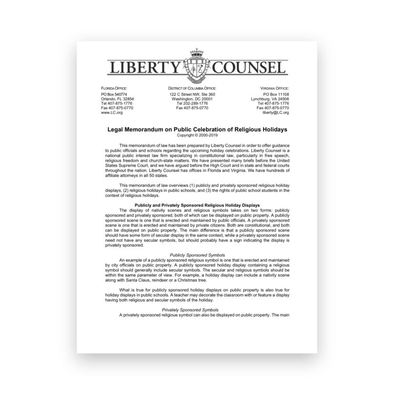 Legal Memo on Public Celebration of Religious Holidays (2019) (Liberty Counsel)